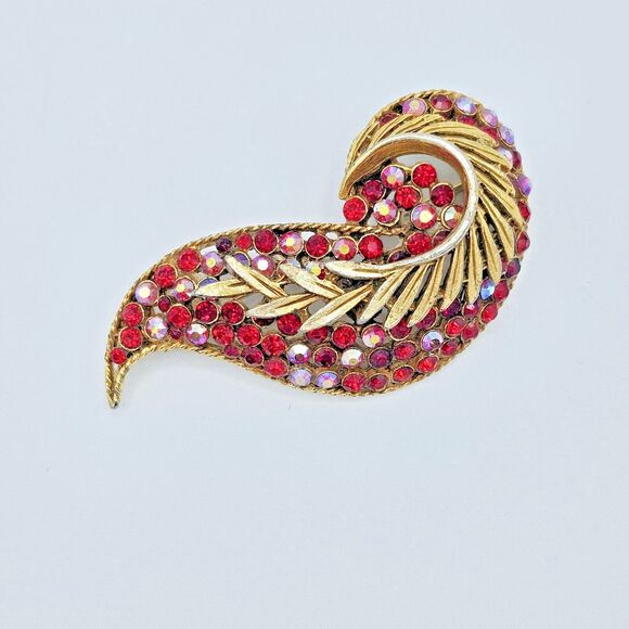 BSK Swirl Leaf Brooch Vintage Paisley Red & Red Aurora Borealis Large Estate Pin - Picture 8 of 13
